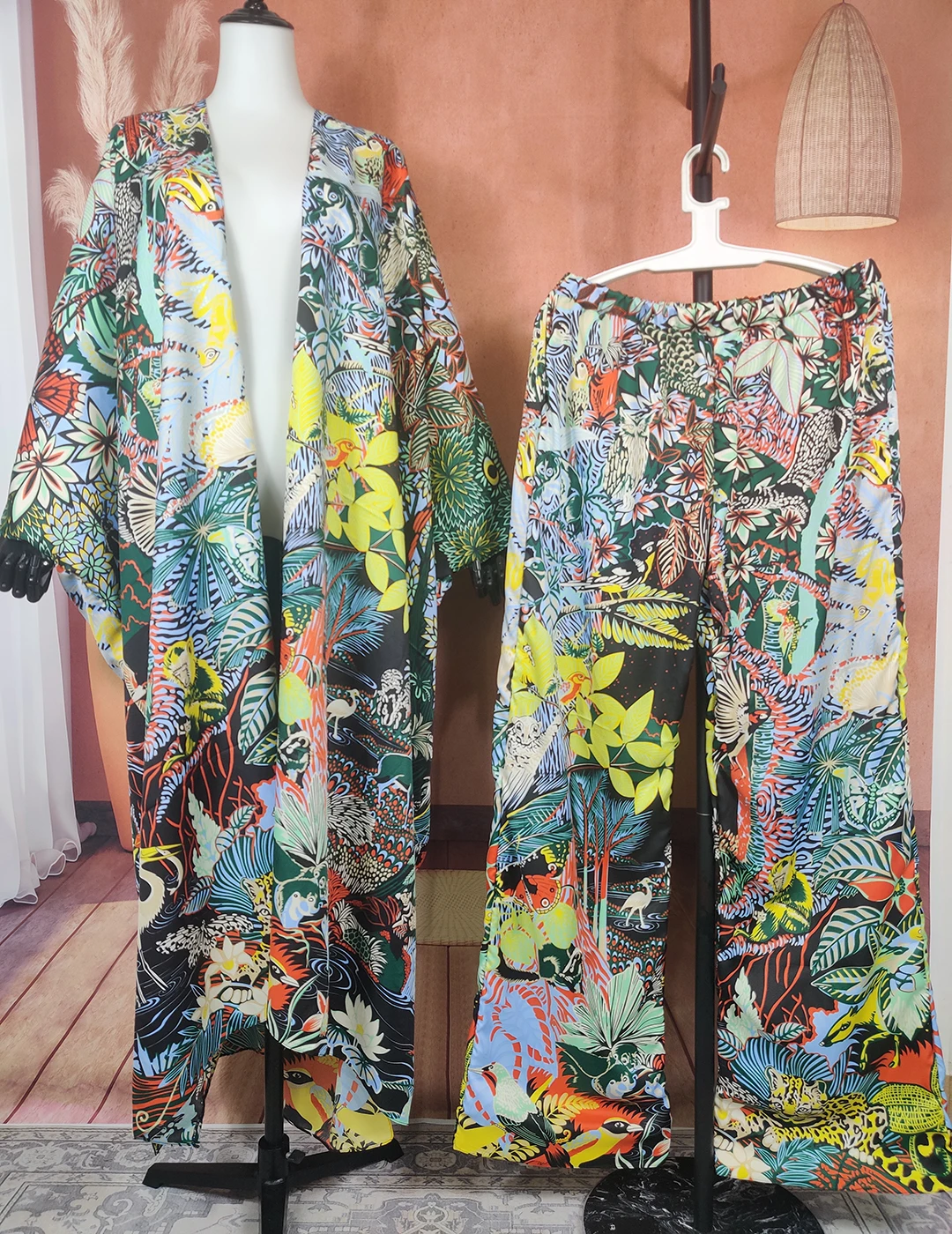 Two Pieces Set For Summer Bohemian Women's Silk Printed Kimonos Oversize Europe Fashion Outfits Cardigans + Pants For Lady