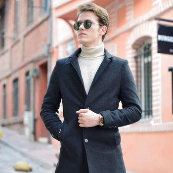цена Men's 2020 Winter Black Wool Coat Fur Collar New Season Fashion Warm Coats 4 Button Classic Casual Overcoat Long-Sleeve good quality Coat