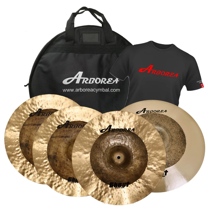 Arborea Cymbal Ghost Series Cymbal Set 14" HIHAT+16"CRASH+20"RIDE+CYMBAL BAG + T-Shirt White color and Size 2XL