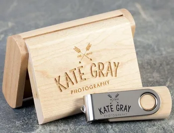 

Custom Wedding Photography Encored LOGO Wooden Clip + Box USB 2.0 Version memory flash stick pen drive