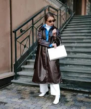 Trench-Coat Belt-Button Nerazzurri Faux-Leather Plus-Size Women Long-Sleeve Autumn Fashion