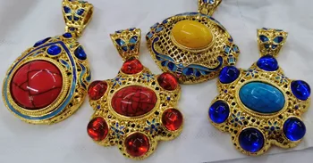 

Large Antiage Turquoise-amber stone with 14K gold pendant 40-60mm (2") blue-red-gold focal 1pcs
