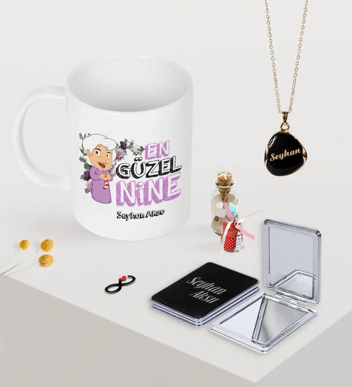 Personalized Custom Best Nice Nine Mug Mirror and Black Enamel Necklace Set | Дом и сад
