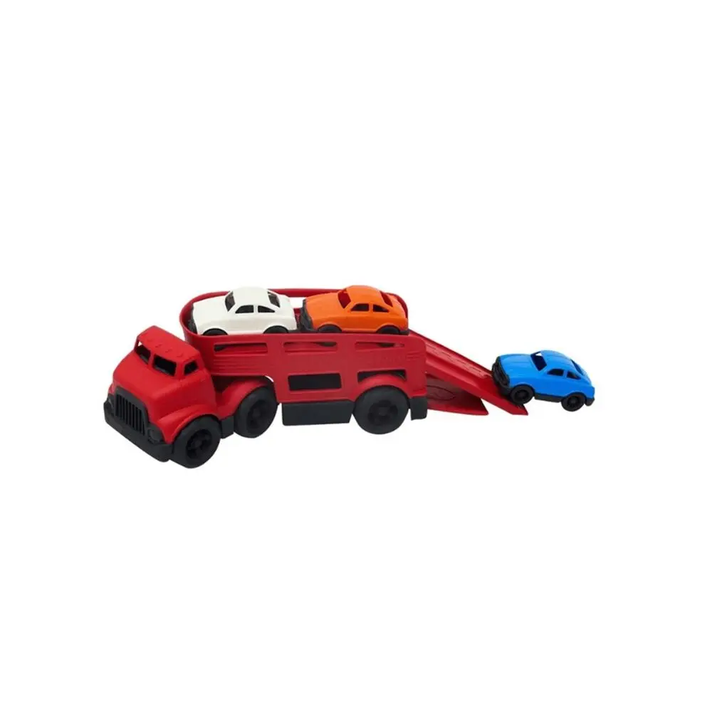 The 5-piece set on the Kanz double-decker car transporter includes a cabin with a detachable trailer, 3 different colored cars.