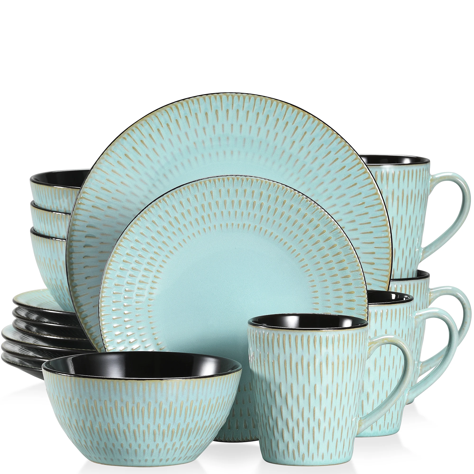

VANCASSO PLUVO 16/32/48 Piece Green Embossed Stoneware Tableware Set with Dinner/Dessert Plate/Soup Bowl/Mug Service for 4/8/12