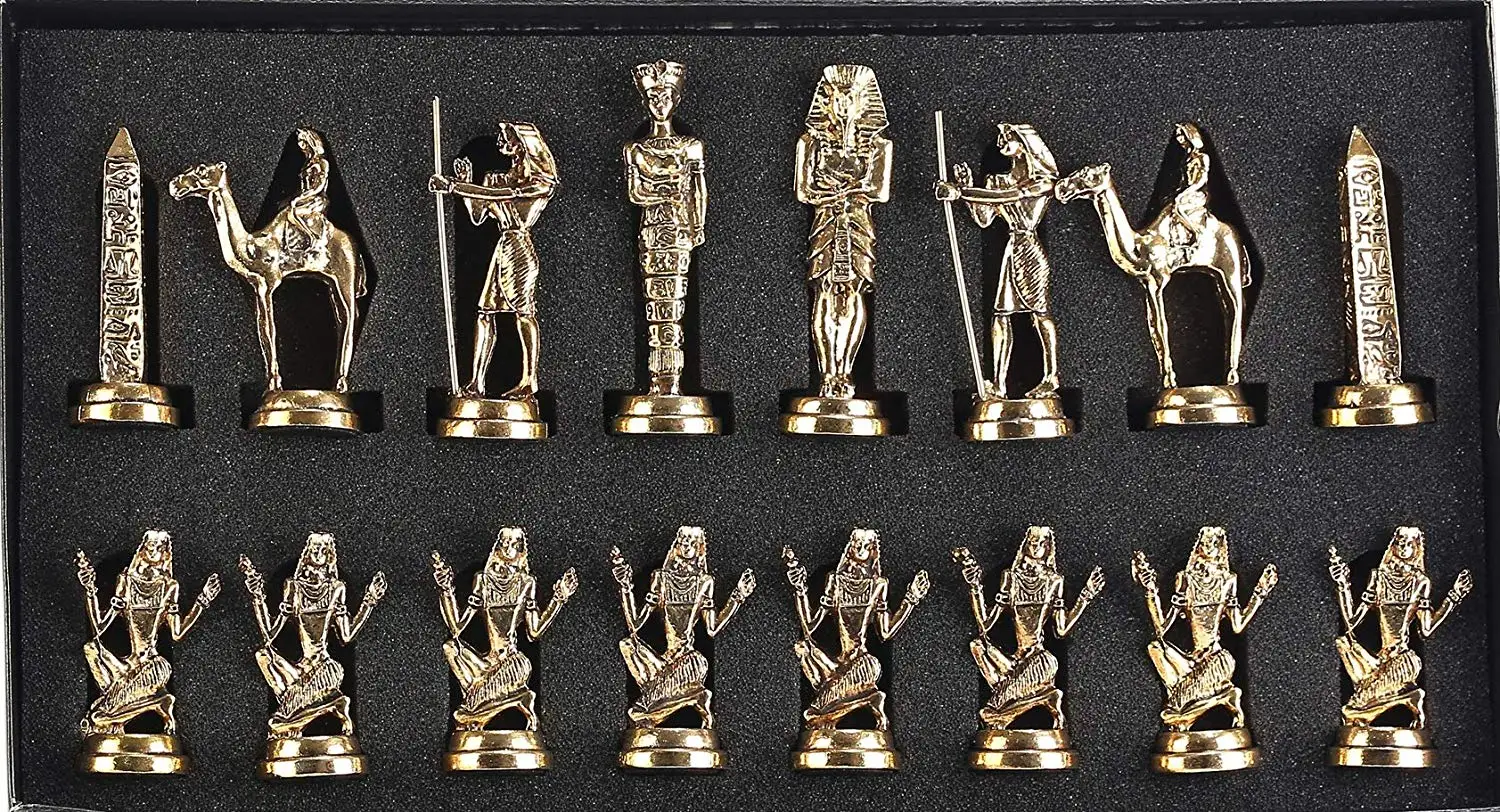 Ancient Egypt The Pharaoh Figures Metal Chess Set for Adult,Handmade Pieces,Marble Design Wood Chess Board King 9cm