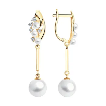

Sokolov drop earrings with stones in gold with pearls and cubic zirconia, fashion jewelry, 585, women's male, long earrings