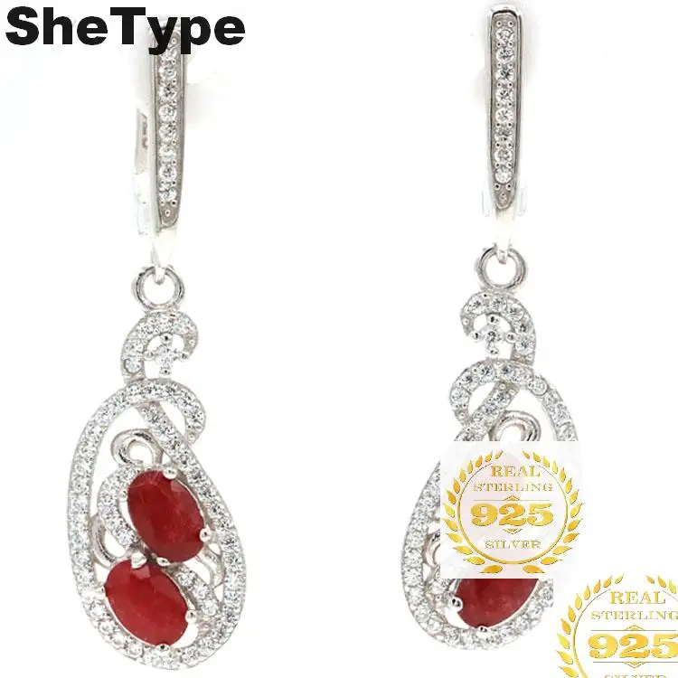 

40x10mm Real 5.34g 925 Solid Sterling Silver Elegant Real Red Ruby SheType Stud Earrings