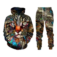 Harajuku Men Tracksuit Funny Cat Printed Pullover Hoodies and Sweatpant Sets Hip Hop Style Men's Clothing Casual Sportswear