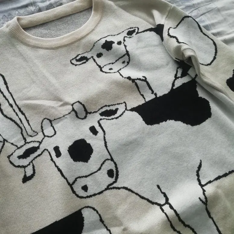 Loose Cow print Sweater Soft girl photo review