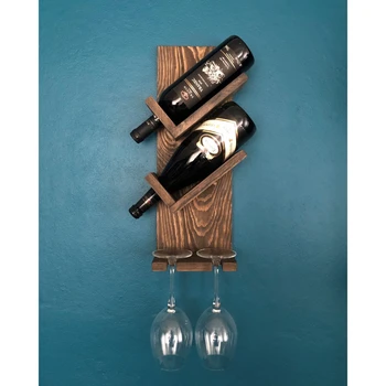 Porte bouteille mural avec support pour verres vintage en bois de chêne