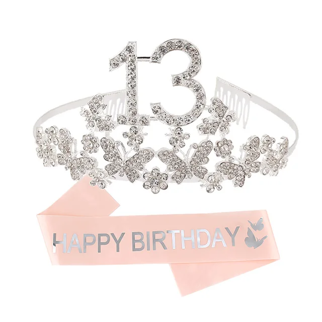 10th 13th 16th 18th 21st Birthday Sash and Crown for Girl Silver Crystal Tiara and Satin Sash Birthday Party Decoration Supplies 13 year old