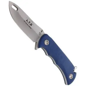 

Tooth knife ATB-9BL All Terrain Blade steel sheet X50CrMov15 with CRYO-T treatment and blue jute handle.