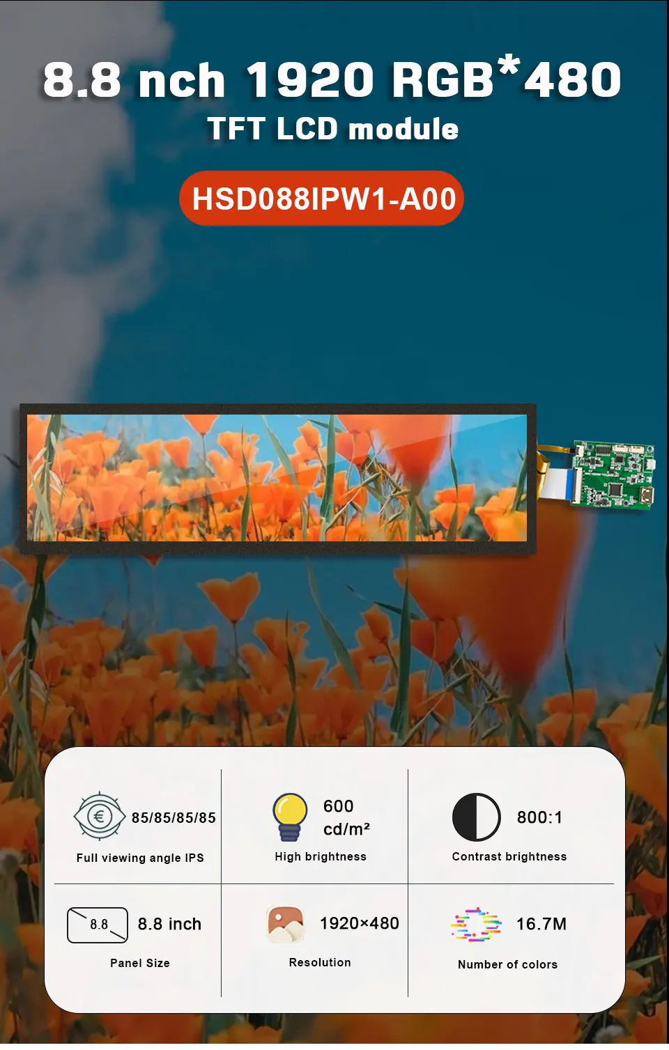 Original hannstar HSD088IPW1-A00 ips 1920*480 8.8 Polegada