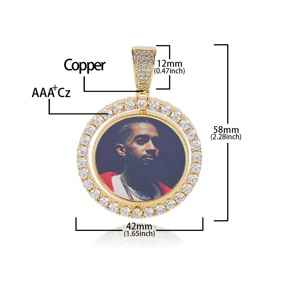 Customized Rotating Double-sided Picture Pendant Gold Plated Micro Inlaid Zircon Memory Photo Custom Hip Hop Jewelry