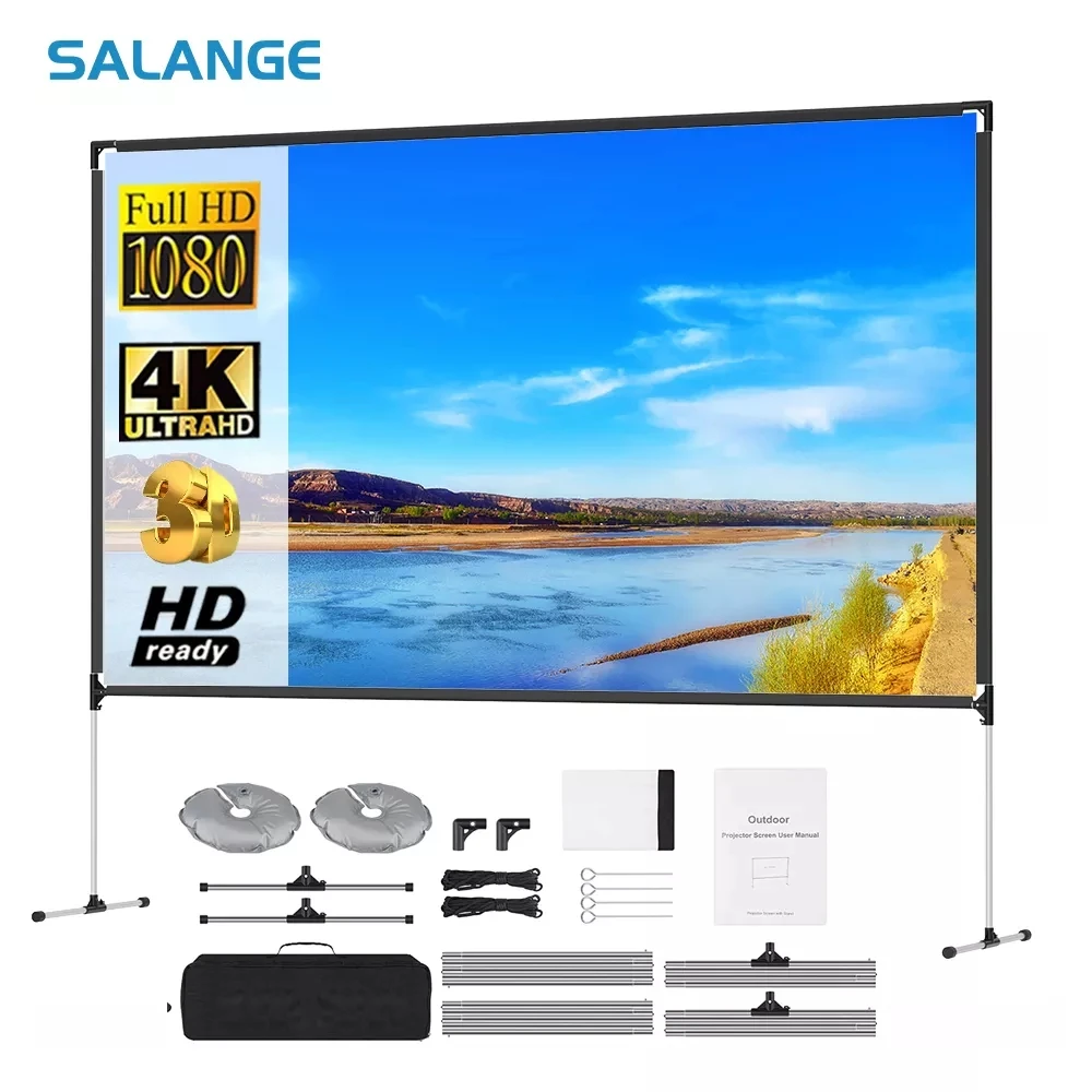 

Salange Outdoor Projection Portable Screen with Stand 100 inch for projector 16:9 4K Inflatable Movies Curtain with Carrying Bag