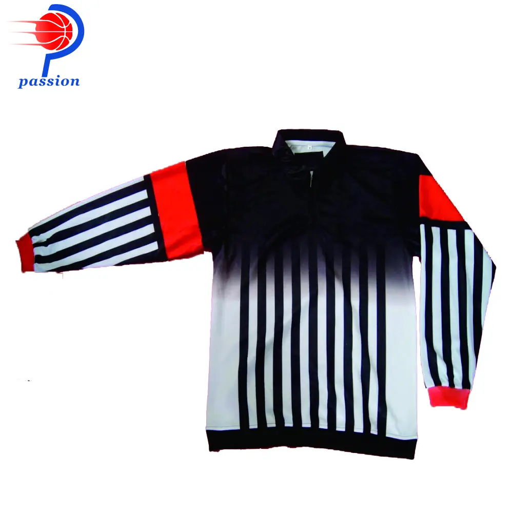 

MOQ 5 pcs $30 each Standard Black Orange Hockey Referee Jersey Shirts With Ribbing Cuffs