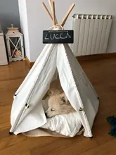 Tipi de Gato con cojín y pizarra para perros, carpa portátil para perros y casas de mascotas, tienda plegable de lona de madera para mascotas, cama para animales pequeños
