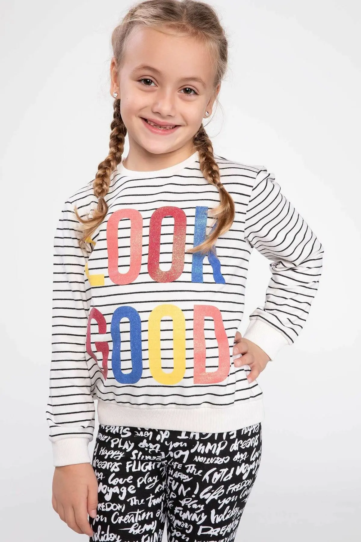 

DeFacto Fashion New Girls O-neck Striped Letter Pattern Pullovers Casual Long Sleeves Pullovers Simple Autumn Girl - K0548A618AU