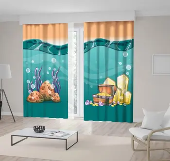 

Curtain Cartoon Underwater Stones and Gold in Wooden Chest Box Ancient Treasure Art Teal Yellow Brown