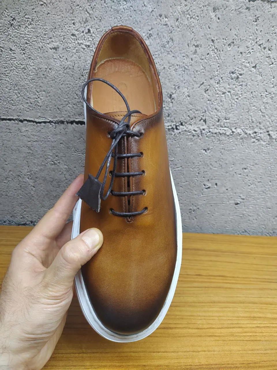Handmade Tobacco Sport Sneakers with Lightweight EVA Sole, Gradient Hand Painted Patina Genuine Calfskin Leather, Men's Shoes
