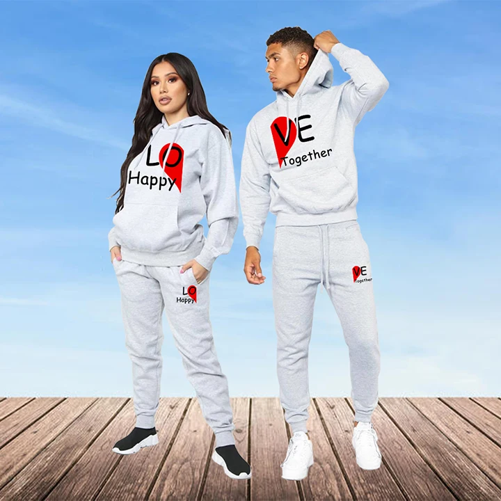 mens sweatsuits sets 2022 Fashion Lover Couple Sportwear Set Happy Together Printed Hooded Clothes 2PCS Set Hoodie and Pants Plus Size Hoodies Women mens lounge wear