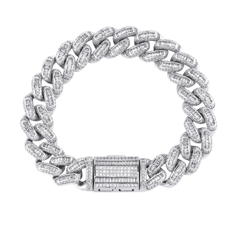 Silver TOPGRILLZ Miami Big Box Clasp 14mm Cuban Bracelet 7.5-9.5 Inch Iced Out Prong Setting Square zircon Hip Hop Jewelry For Men - Окраска металла: Silver