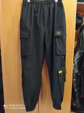 Pantalones Cargo de harén con bolsillos laterales para hombre, pantalón negro de Hip-Hop, informal, a la moda, ropa de calle, 2020 cintas