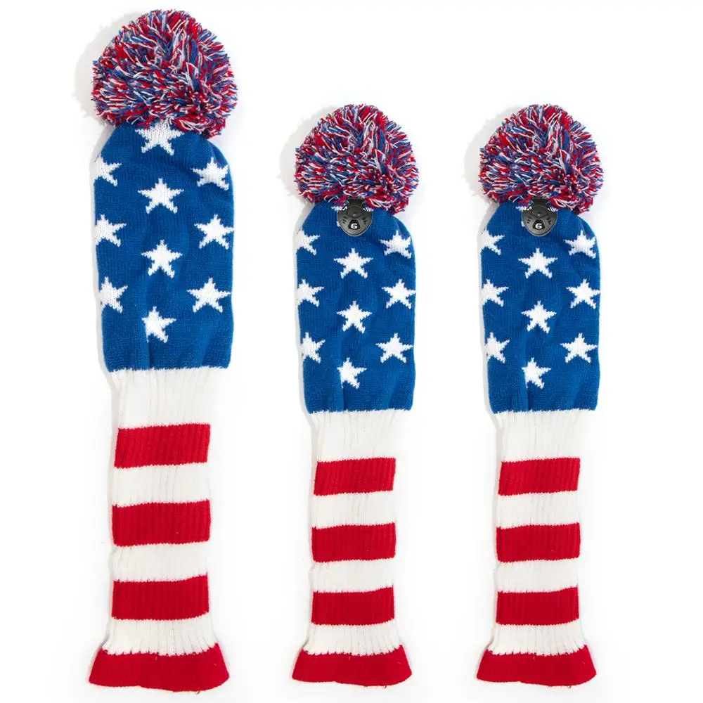 USA Golf Knitting Wool Headcover 3pcs/set Golf Club Head cover Set Amarica Golf Wood Cover 135 Driver Fairway Headcovers with tag Free Shipping