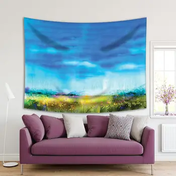 

Tapestry Wildflowers Meadow in the Spring Summer Nature Landscape Watercolor Art Yellow Blue Green