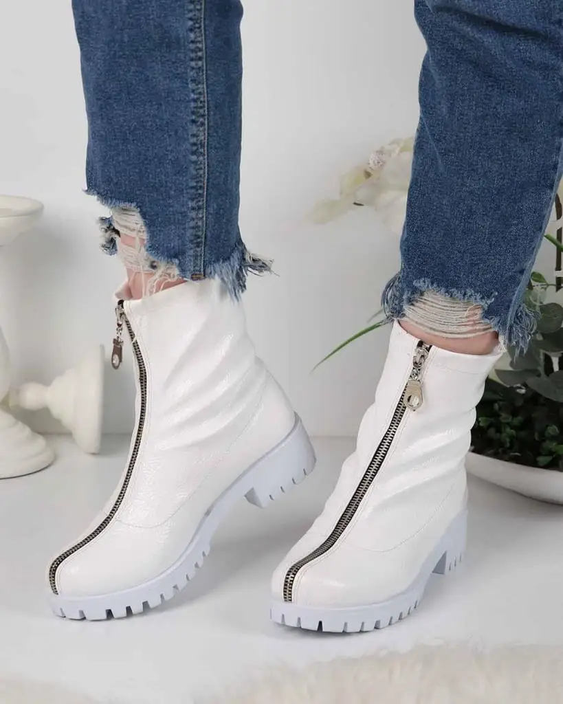 

Mosimoso Women's Ankle Height Boot Norina White Print Patent Leather Front Zip Women Boots