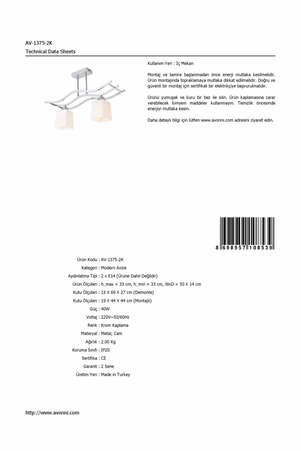 AVONNI AV-1375-2K хромированная Современная Люстра, E14, металл, G