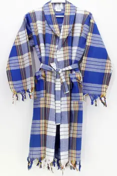 

Blue Hooded Classic Pattern Peshtemal Bathrobe