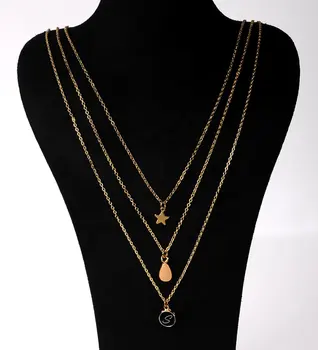

Personalized Letter Three-Chained Cabochons Drop Gold Star Necklace