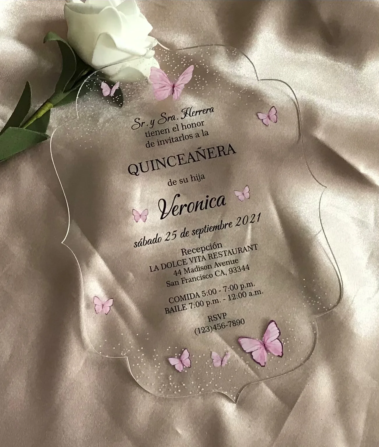 Pink Butterfly Acrylic Quinceanera Invitations,10pcs Custom