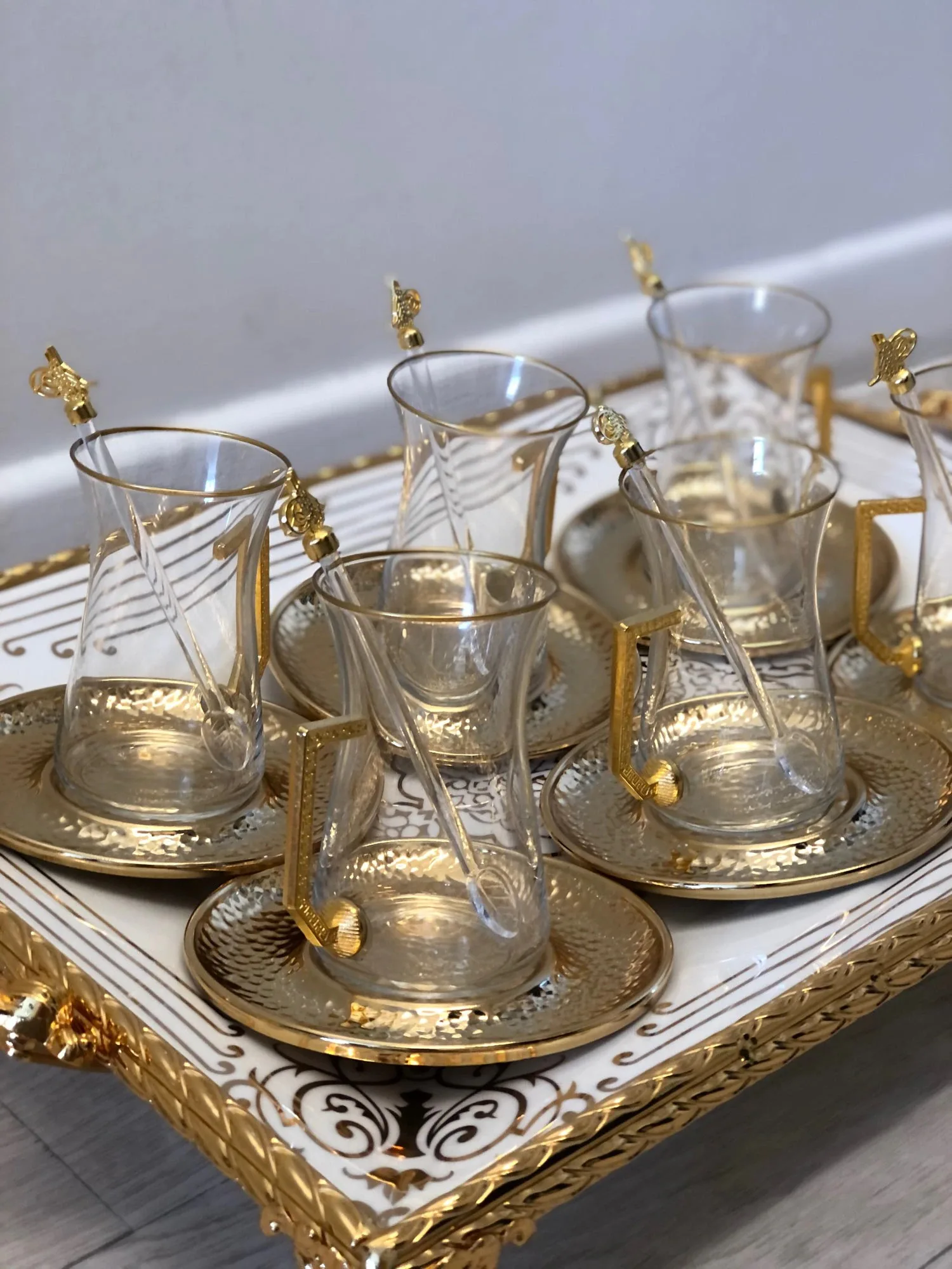 24 Pc Turkish Tea Glasses Set with Holder Handles Saucers Spoons