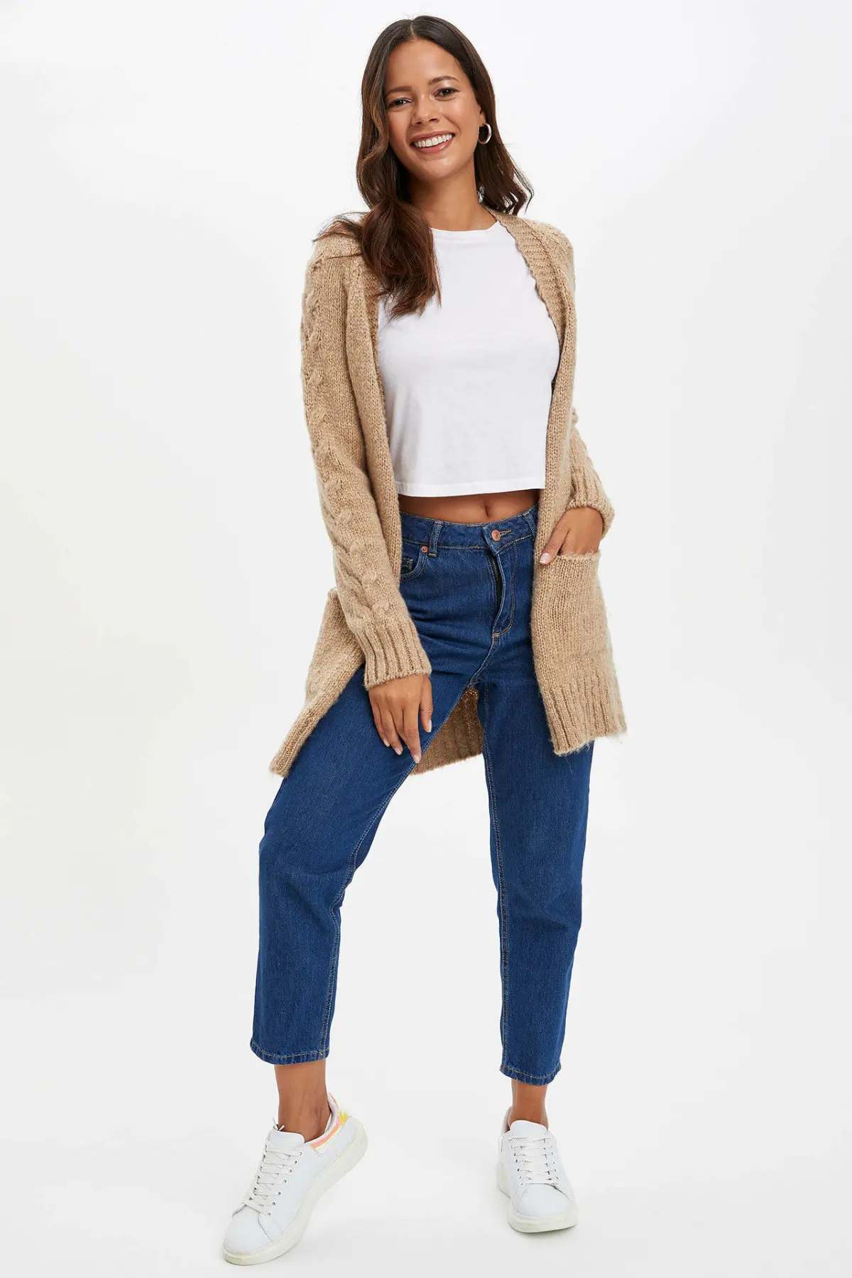 Comprar Cárdigans de punto largos de Color puro cuello en V de moda de hecho para mujer cárdigans de punto de bolsillo Simple Casual New K8951AZ19AU