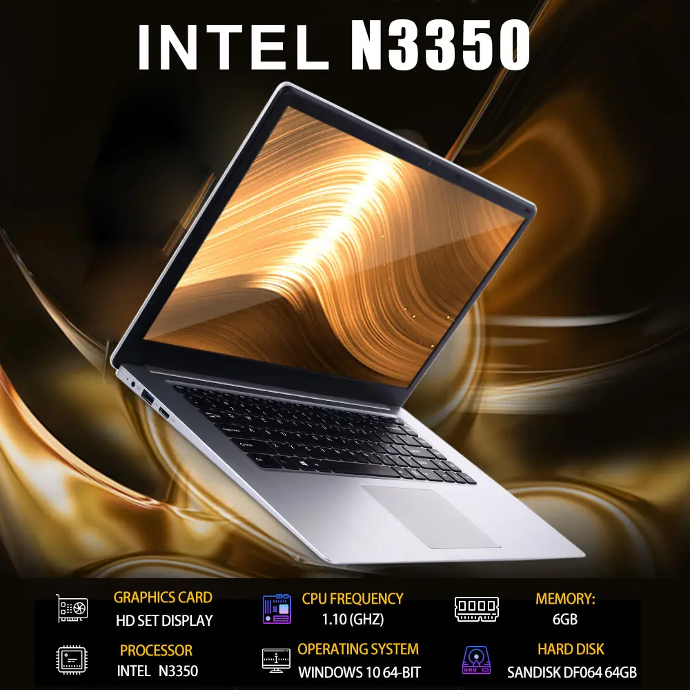 14 дюймовый ноутбук Intel N3350 четырёхъядерный 6 ГБ + 64 Гб SSD Windows 10 студенческий нетбук