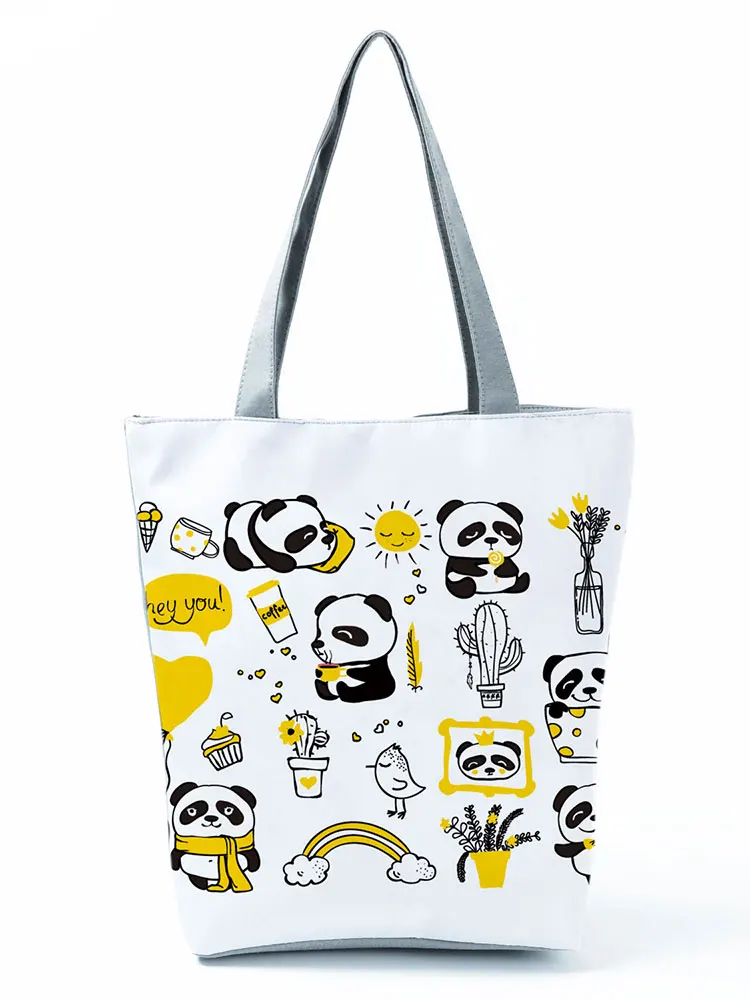 Cute Panda Print Handbags Cartoon High Capacity Women Shopping Bag Eco Reusable Casual Shoulder Bag Travel Beach Bag Lady Tote 