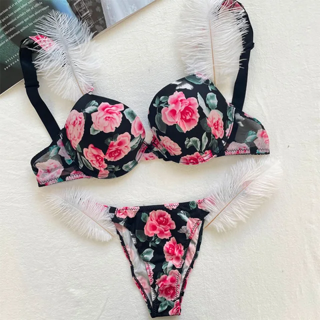 Victoria's Secret Women Sexy Rhinestones Comfortable Lingerie Femme Push Up Underclothes Bra And Panties 2 Piece Set Underwear Black Rose