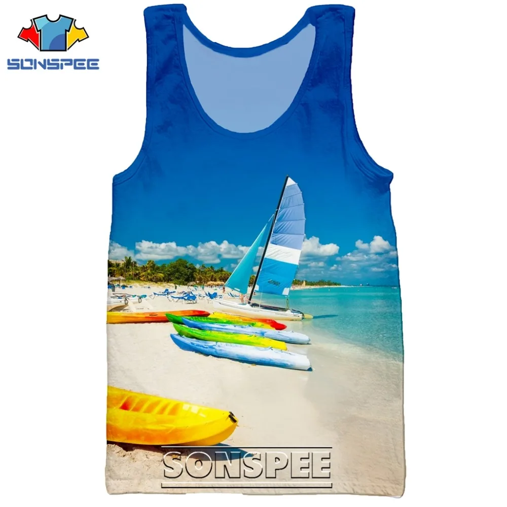 SONSPEE 3D Print Palm Tree Summer Beach Sea Men's Tank Tops Casual Fitness Bodybuilding Gym Muscle Men Sleeveless Vest Shirt