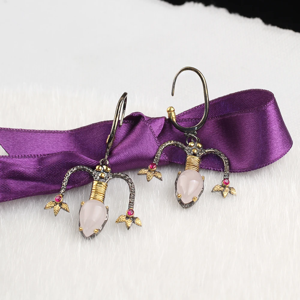 Женские Висячие серьги в форме мочки уха ручной работы с покрытием из серебра и золота, розовый кварц, специальный дизайн, подарочные серьги