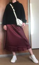 Satin Skirts Silk Silver Women Waist Long Hight Mid-Calf Wine Smooth Glossy Soft Office Lady