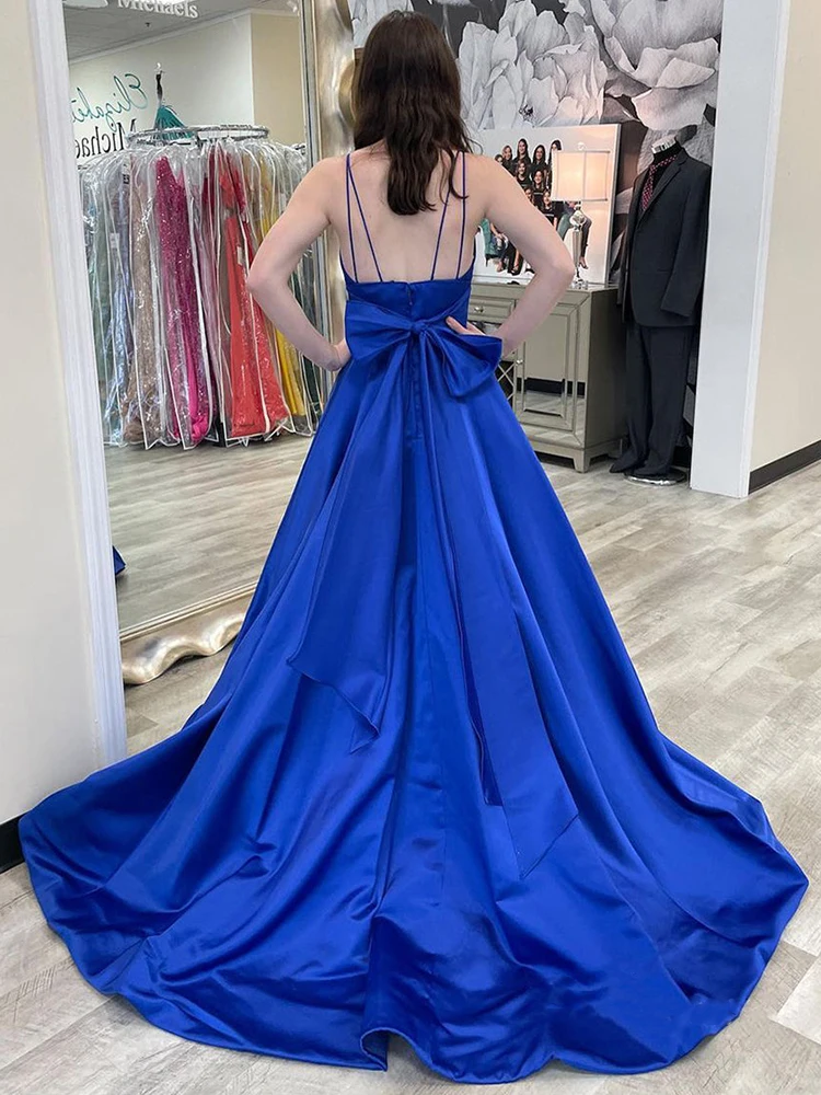 A-Line Satin Royal Blue Spaghetti Straps V-Neck Long Prom Dress Sleeveless A-LINE Spaghetti Straps Formal Party Dress 2022 simple prom dresses