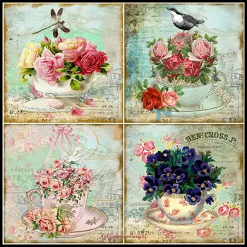 

Embroidery Counted Cross Stitch Kits Needlework - Crafts 14 ct DMC Color DIY Arts Handmade Home Decor - Vintage Inspired Tea Cup