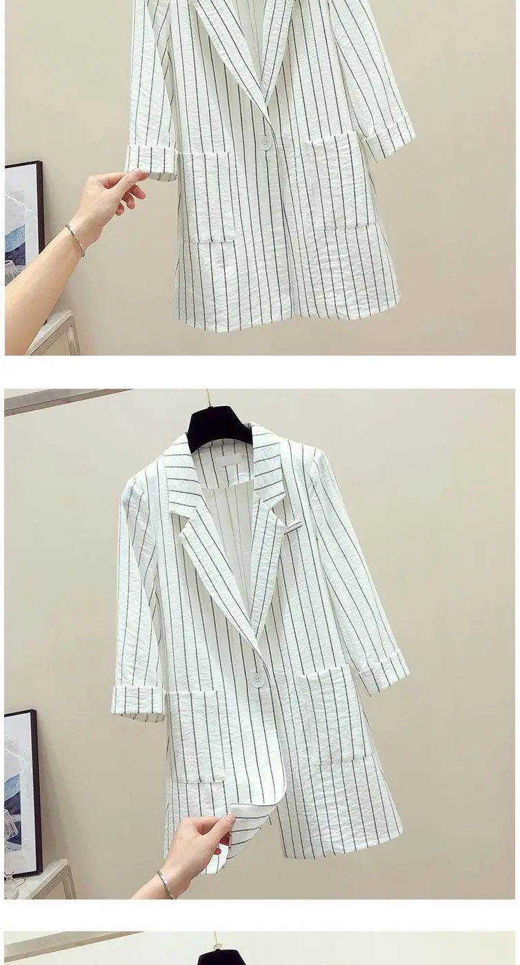 Spring / summer new loose British stripe Blazer sunscreen coat women's medium length thin casual suit UT073