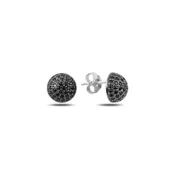 

925 Sterling Silver Earrings 9mm Half Ball Earring with Black Zircon Design Elegant Female Earring Turkey Silver
