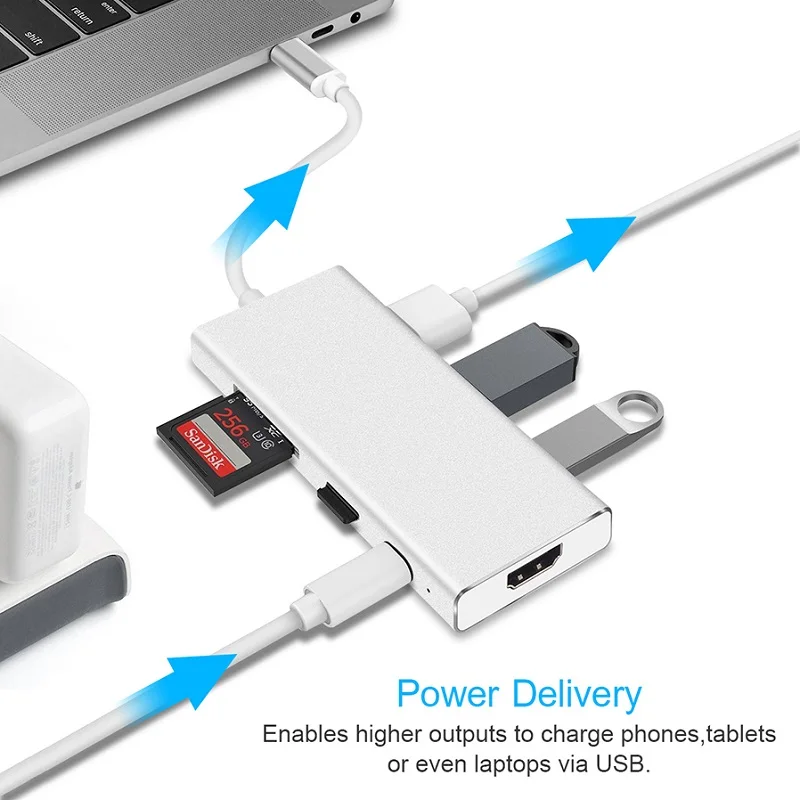 Многопортовый Хаб адаптер 7 в 1 для MacBook USB 3.0, HDMI, Type-C, CD& TF Card(Серебристый