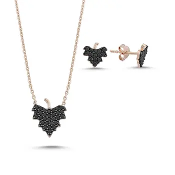 

Angemiel 925 Silver Black Zircon Stone Sycamore Leaf Set - Rose Gold Plated