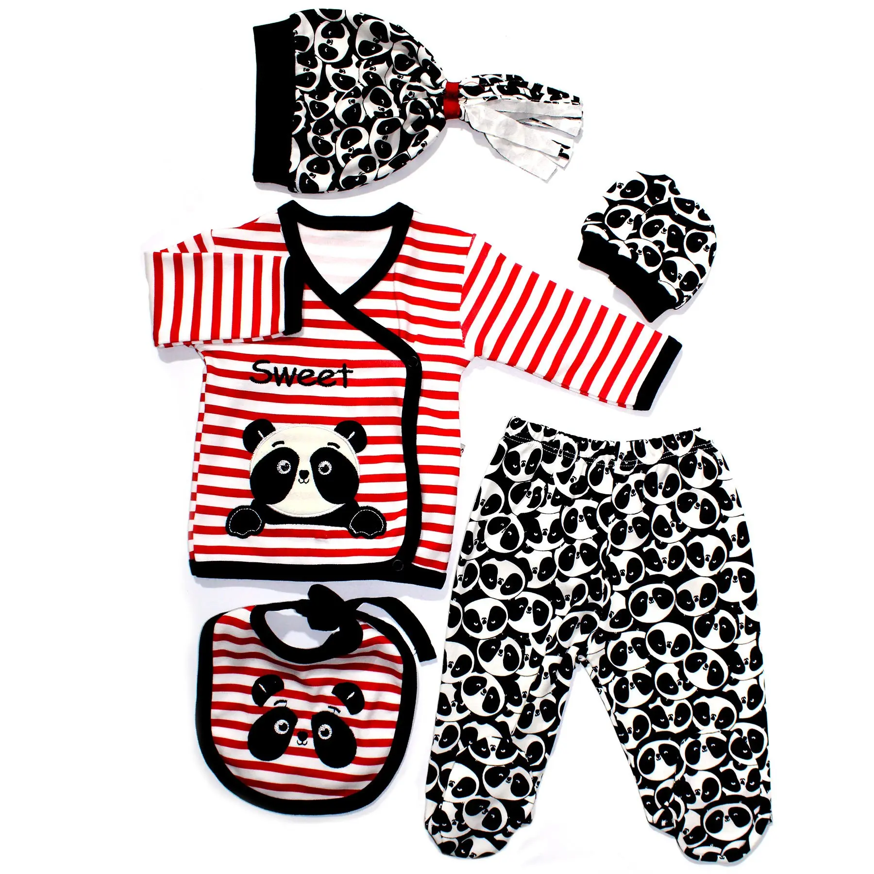 

Sweet Panda Embroidered Red Striped 5'li Piece Hospital Output Set